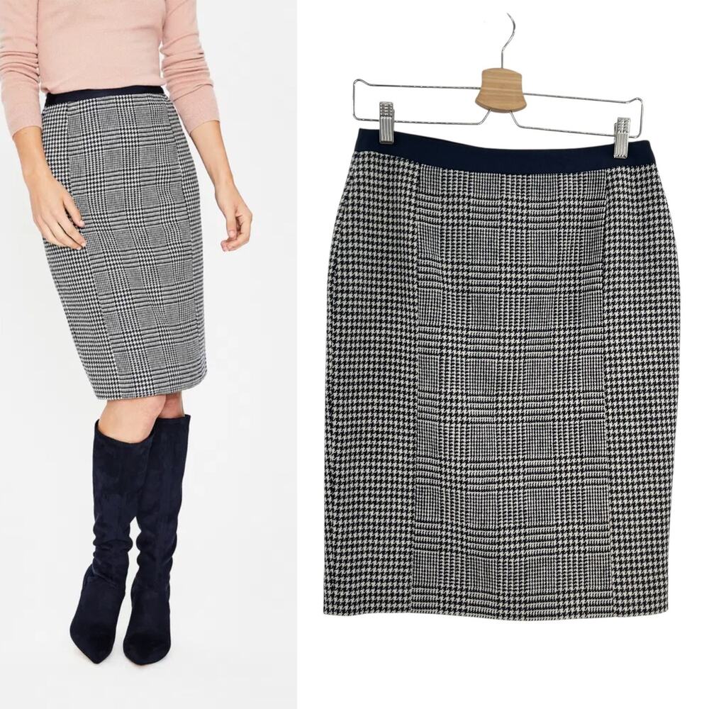 Boden British Tweed Pencil Skirt‎ Houndstooth Plaid Navy Blue Size US 6R